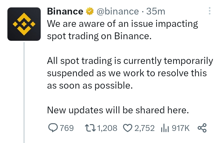Binance will temporarily suspend spot trading on its platform