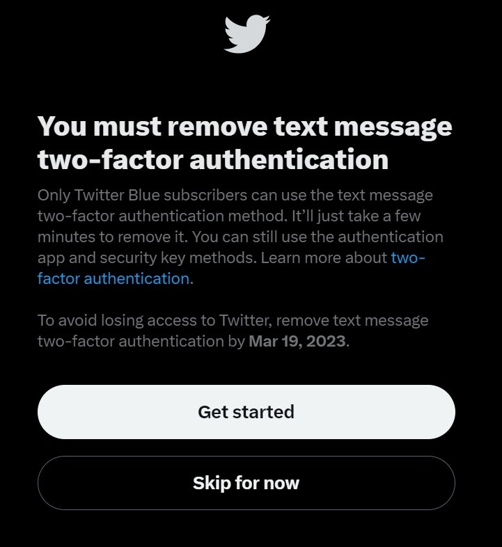 Only Twitter Blue subscribers will be able to use text messages as their two-factor authentication method