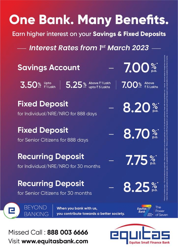 Equitas Small Finance Bank hikes interest rates for Fixed Deposit and Recurring Deposit