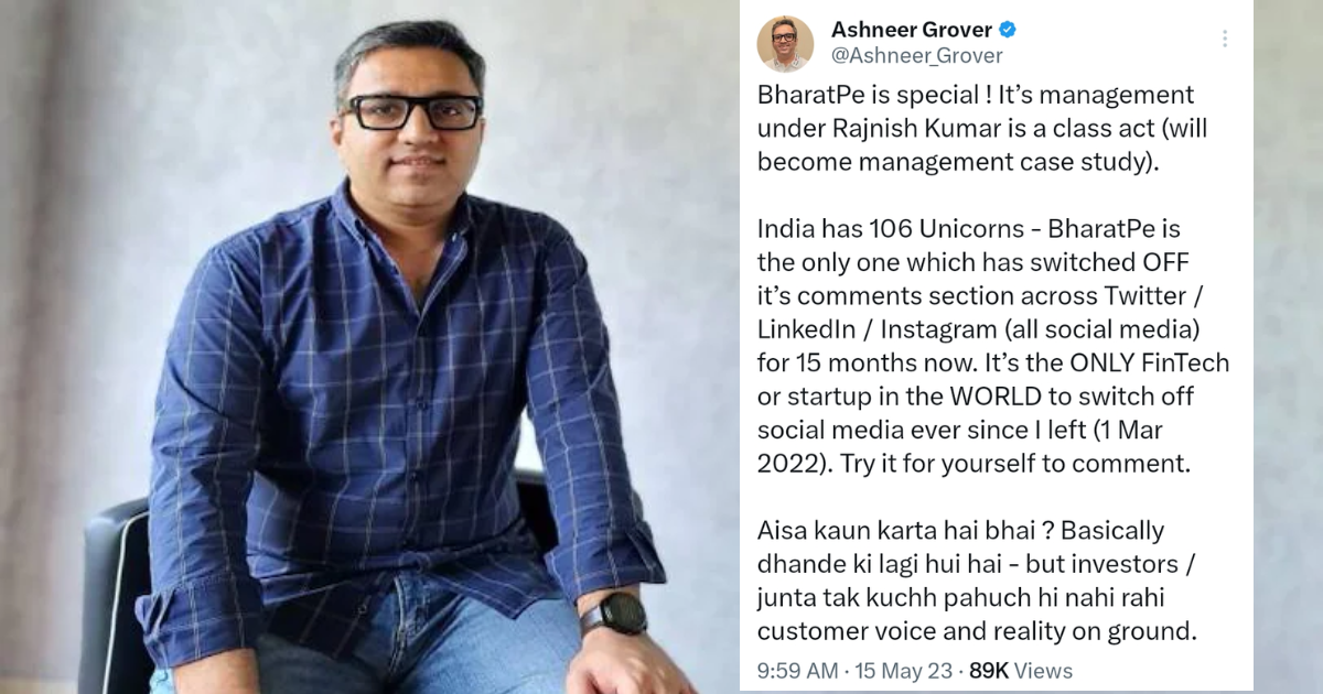 Ashneer Grover criticizes BharatPe's decision to disable social media comments