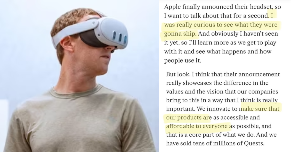 Meta co-founder Mark Zuckerberg critiques Apple's Vision Pro headset